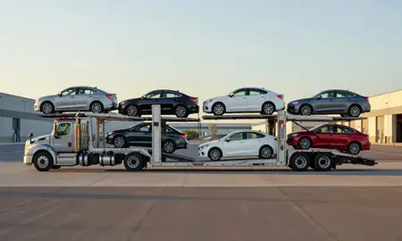 Car transporter parked in an industrial area of Mountain Home, Idaho, United States