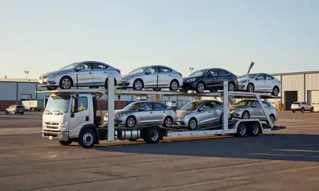 Car transporter loaded with vehicles in Mountain Home, Idaho, United States