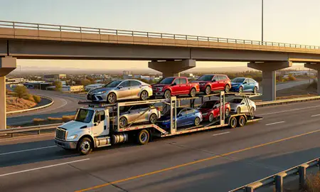 Car transporter with the Mountain Home, Idaho, United States skyline behind it
