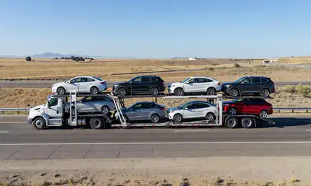 Multi-level car carrier on the highway to Nampa, Idaho, United States