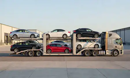 Car transporter parked in an industrial area of Nampa, Idaho, United States