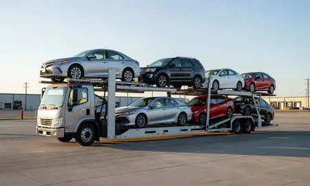 Car transporter loaded with vehicles in Nampa, Idaho, United States