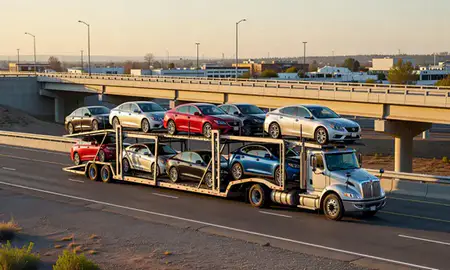 Car transporter with the Nampa, Idaho, United States skyline behind it