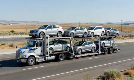 Multi-level car carrier on the highway to Payette, Idaho, United States