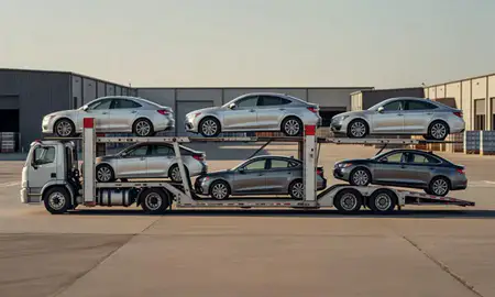 Car transporter parked in an industrial area of Payette, Idaho, United States
