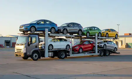 Car transporter loaded with vehicles in Payette, Idaho, United States