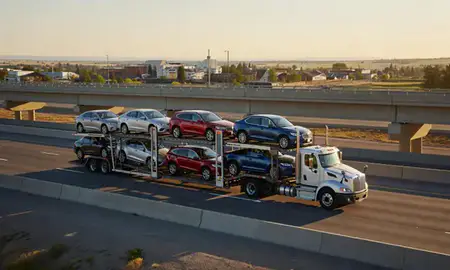 Car transporter with the Payette, Idaho, United States skyline behind it