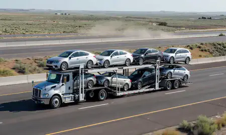 Multi-level car carrier on the highway to Pocatello, Idaho, United States
