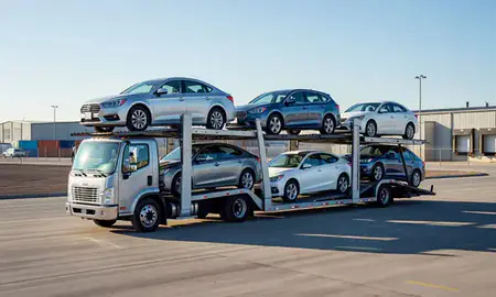 Car transporter loaded with vehicles in Pocatello, Idaho, United States