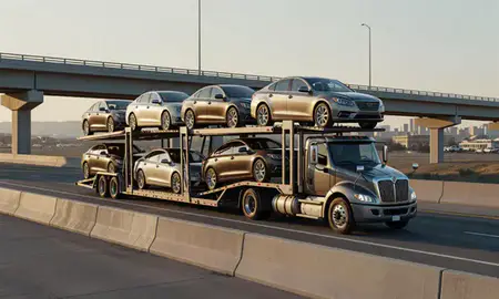Car transporter with the Pocatello, Idaho, United States skyline behind it