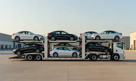 Car transporter parked in an industrial area of Post Falls, Idaho, United States