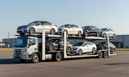 Car transporter loaded with vehicles in Post Falls, Idaho, United States