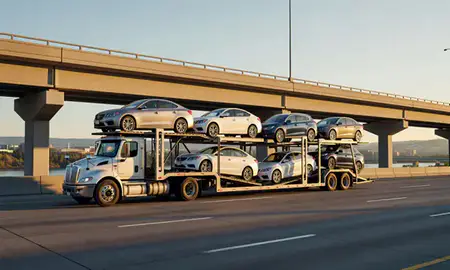 Car transporter with the Post Falls, Idaho, United States skyline behind it