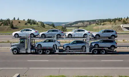 Multi-level car carrier on the highway to Rathdrum, Idaho, United States