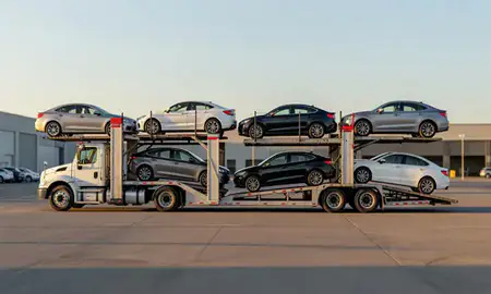 Car transporter parked in an industrial area of Rathdrum, Idaho, United States