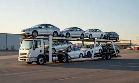 Car transporter loaded with vehicles in Rathdrum, Idaho, United States
