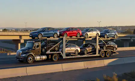 Car transporter with the Rathdrum, Idaho, United States skyline behind it