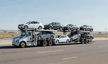Multi-level car carrier on the highway to Rexburg, Idaho, United States