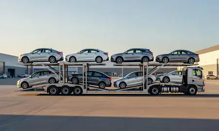 Car transporter parked in an industrial area of Rexburg, Idaho, United States