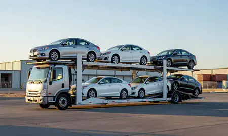 Car transporter loaded with vehicles in Rexburg, Idaho, United States
