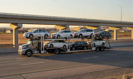 Car transporter with the Rexburg, Idaho, United States skyline behind it