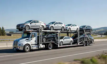Multi-level car carrier on the highway to Sandpoint, Idaho, United States