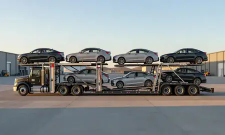 Car transporter parked in an industrial area of Sandpoint, Idaho, United States