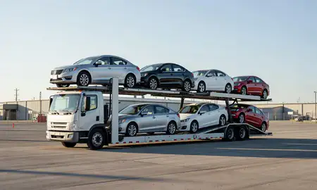 Car transporter loaded with vehicles in Sandpoint, Idaho, United States