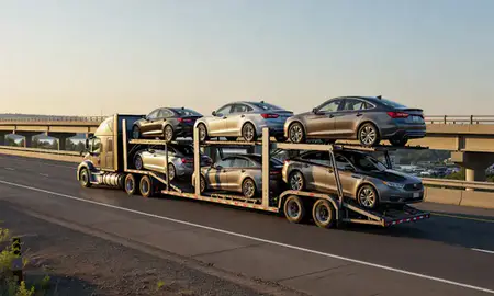 Car transporter with the Sandpoint, Idaho, United States skyline behind it