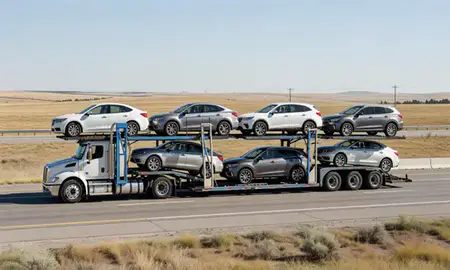 Multi-level car carrier on the highway to Star, Idaho, United States