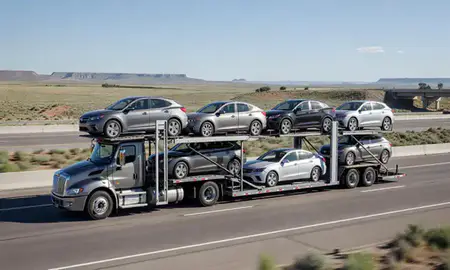 Multi-level car carrier on the highway to Twin Falls, Idaho, United States