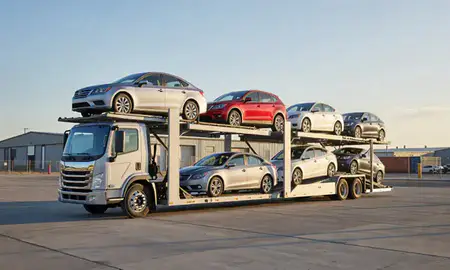 Car transporter loaded with vehicles in Twin Falls, Idaho, United States