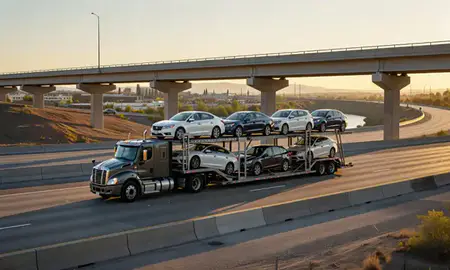 Car transporter with the Twin Falls, Idaho, United States skyline behind it