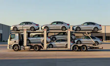 Car transporter parked in an industrial area of Illinois, United States