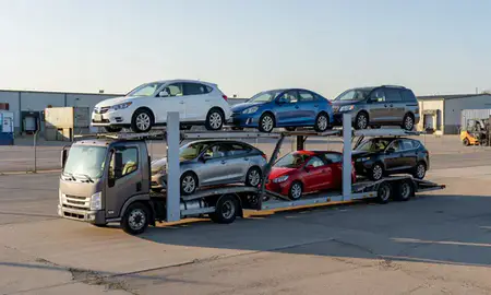 Car transporter loaded with vehicles in Illinois, United States