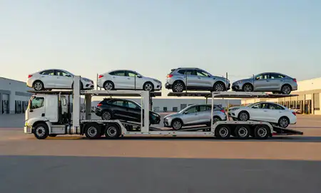 Car transporter parked in an industrial area of Alton, Illinois, United States