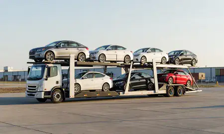 Car transporter loaded with vehicles in Alton, Illinois, United States