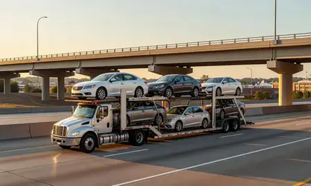 Car transporter with the Alton, Illinois, United States skyline behind it