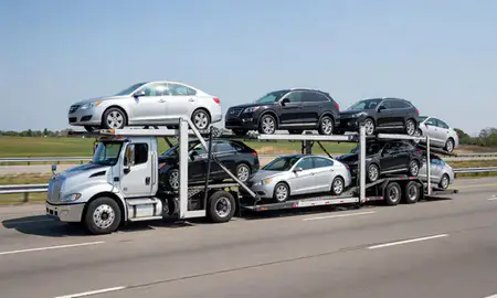 Multi-level car carrier on the highway to Arlington Heights, Illinois, United States