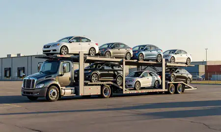 Car transporter loaded with vehicles in Arlington Heights, Illinois, United States