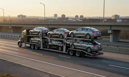 Car transporter with the Arlington Heights, Illinois, United States skyline behind it