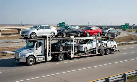 Multi-level car carrier on the highway to Aurora, Illinois, United States