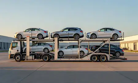 Car transporter parked in an industrial area of Aurora, Illinois, United States