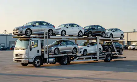 Car transporter loaded with vehicles in Aurora, Illinois, United States