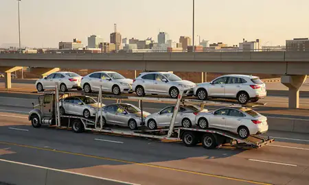 Car transporter with the Aurora, Illinois, United States skyline behind it