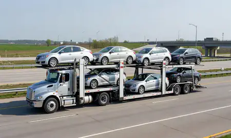 Multi-level car carrier on the highway to Berwyn, Illinois, United States