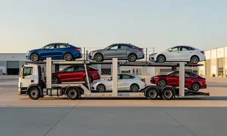 Car transporter parked in an industrial area of Berwyn, Illinois, United States