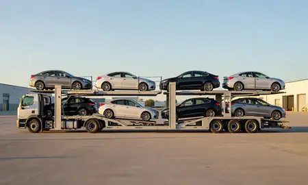 Car transporter parked in an industrial area of Bloomington, Illinois, United States