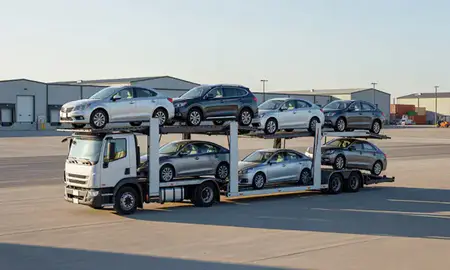 Car transporter loaded with vehicles in Bloomington, Illinois, United States
