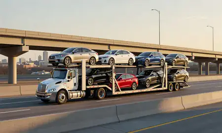 Car transporter with the Bloomington, Illinois, United States skyline behind it